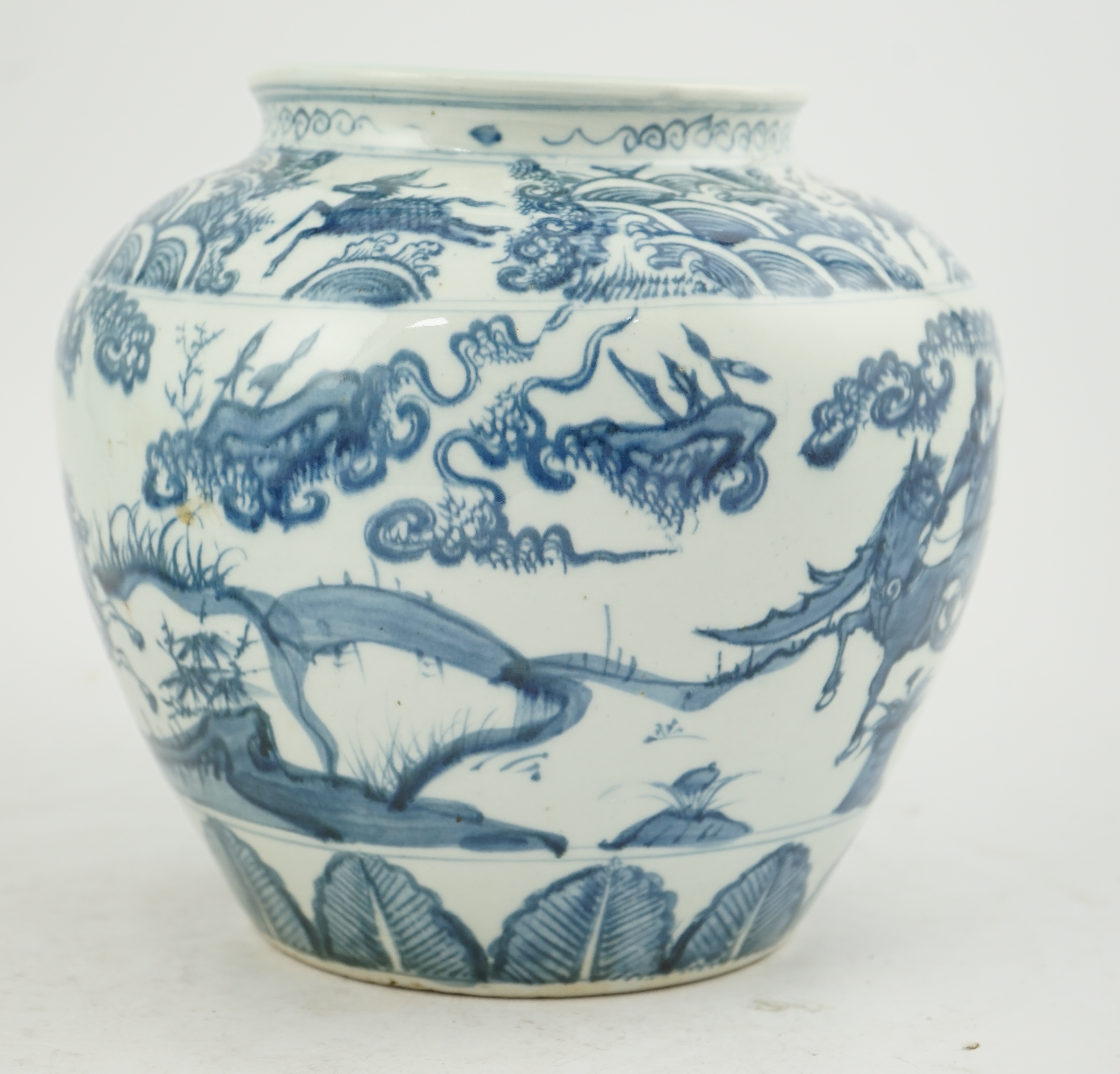 A Chinese blue and white ovoid jar, guan, Ming style